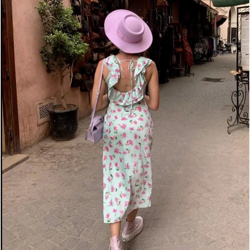 ZARA GREEN FLORAL PRINT SATIN MIDI DRESS WITH RUFFLE TRIMS SIZE S, NWT SS22 - Picture 6 of 10